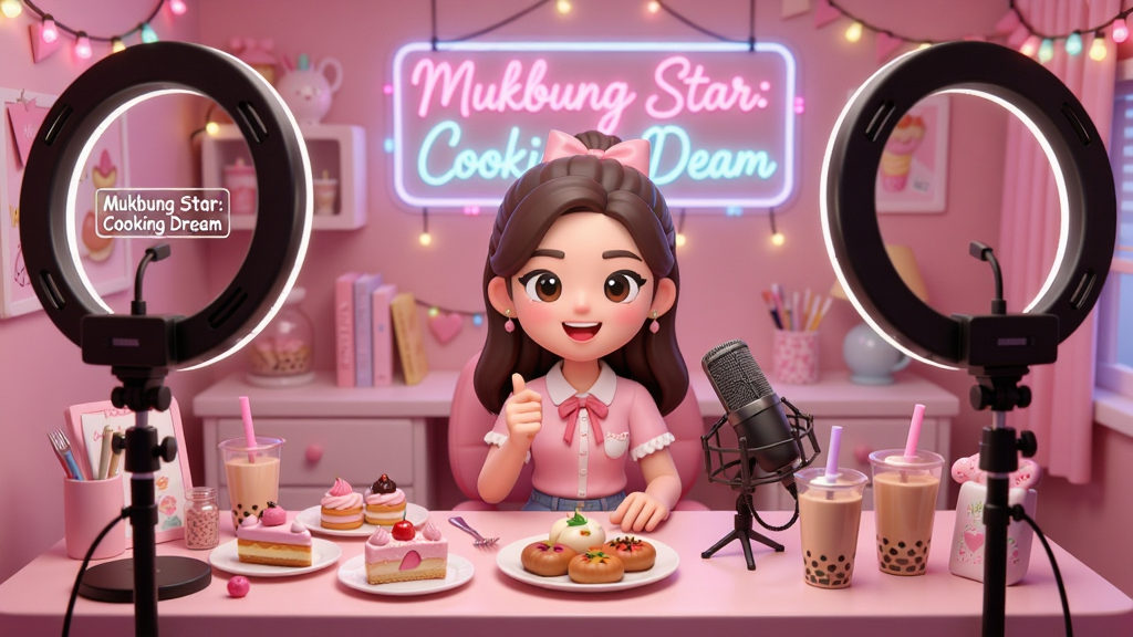 一个装饰精美的吃播直播间全景图,画面展示了一个充满少女心的粉色系直播间,有环形补光灯、专业麦克风、背景墙上挂着霓虹灯牌,桌上摆满了精致的甜点和奶茶,卡通风格的主播正在对着镜头微笑,画面中包含