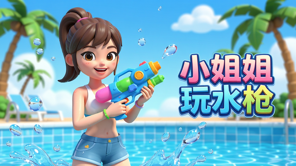画面中央一位穿着清凉夏装的卡通小姐姐手持彩色水枪站在泳池边,周围水花四溅,背景是蓝天白云和棕榈树,画面右侧漂浮着游戏标题文字“小姐姐玩水枪”,整体采用清新明亮的3D卡通渲染风格,色彩以蓝白粉为主,细节包含水珠折射、水枪质感、泳池瓷砖纹理,画质高清,画面干净,无多余元素