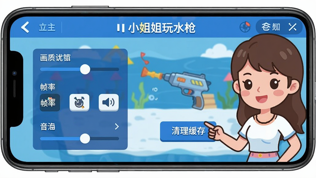 手机屏幕展示“小姐姐玩水枪”游戏设置界面,包含画质调节、帧率选择、音量控制等选项,画面右侧有一位卡通小姐姐指着“清理缓存”按钮,背景为游戏主菜单,采用扁平化UI风格,色彩以蓝白为主,细节清晰,画质干净,无多余元素