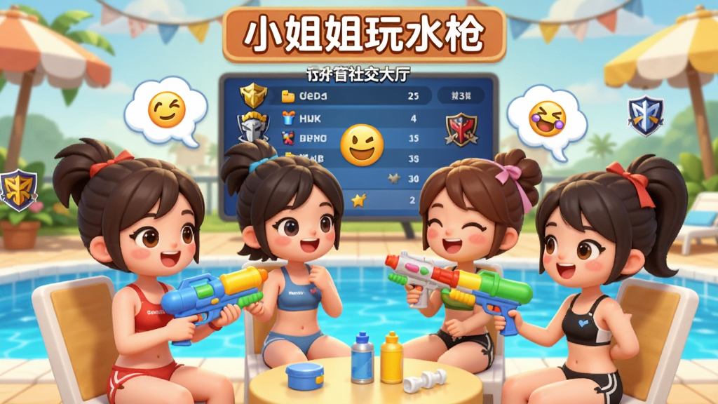 卡通小姐姐们围坐在泳池边的休息区,手持水枪有说有笑,画面中漂浮着聊天气泡与表情符号,背景有游戏排行榜与战队标志,顶部显示“小姐姐玩水枪”社交大厅字样,采用温馨明亮的卡通风格,细节包含人物表情与场景装饰,画质清晰,画面干净,无多余元素