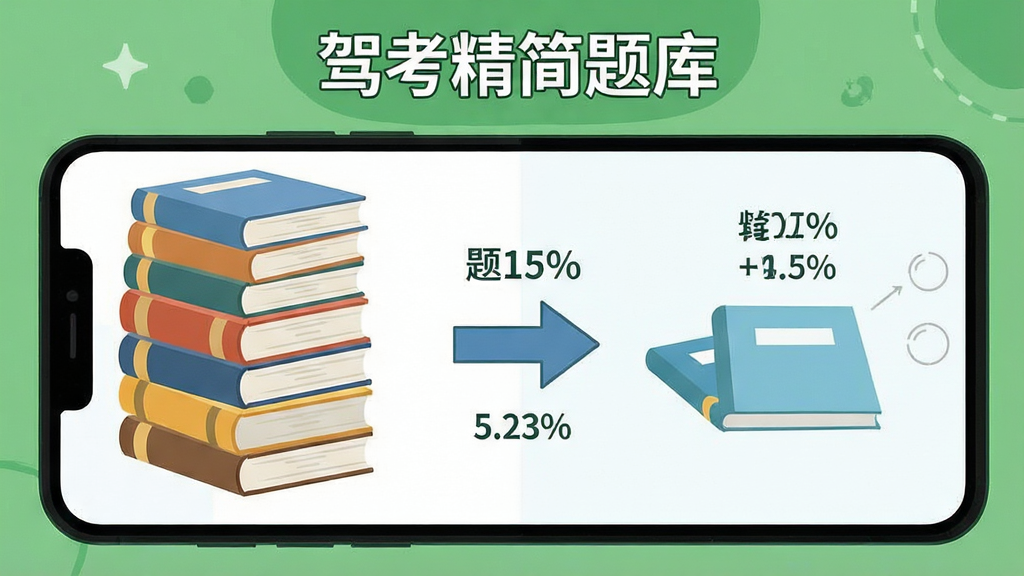 一张展示驾考精简题库高频考点提炼功能的图片,画面主体为手机屏幕中显示题库数量对比图,左侧是厚厚一摞书本代表原始题库,右侧是轻薄一本代表精简题库,中间有箭头连接,屏幕上方有