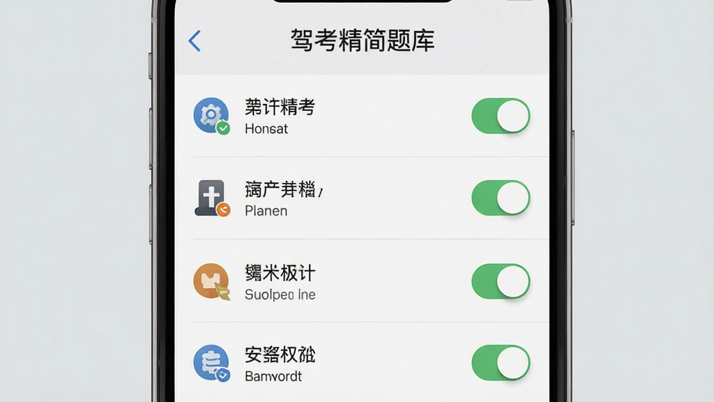 一张展示驾考精简题库安装权限设置界面的图片,画面主体为手机屏幕显示权限管理列表,屏幕上方有
