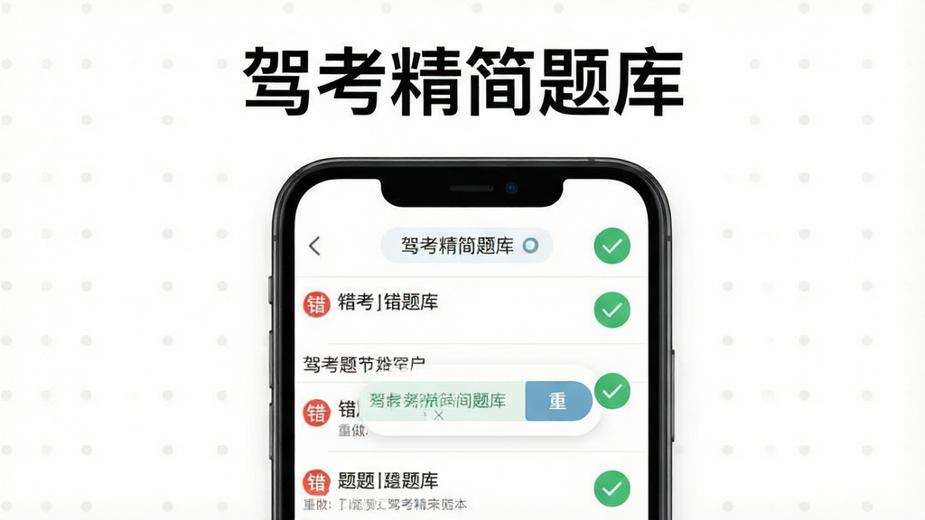 一张展示驾考精简题库错题本功能的图片,画面主体为手机屏幕显示错题列表和重做按钮,屏幕上方有