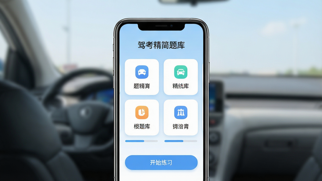 一张手机屏幕展示驾考精简题库应用主界面的图片,画面中央是手机正面竖屏,屏幕内显示简洁的题库分类卡片和开始练习按钮,上方有