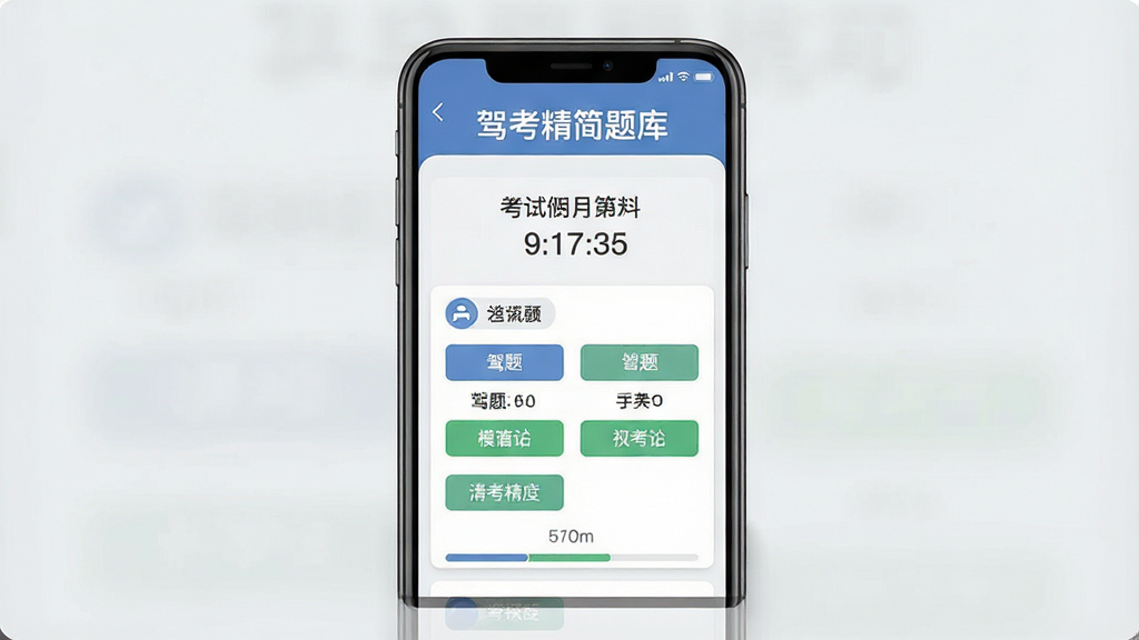 一张展示驾考精简题库模拟考试界面的图片,画面中央是手机屏幕显示考试倒计时和答题卡,屏幕上方有