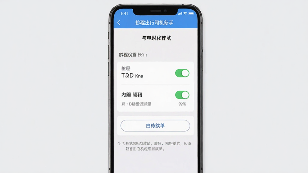 一张展示黔程出行司机新手设置界面的AI生成图片,主体为手机屏幕上的权限设置与电池优化页面,布局为手机居中,背景为浅灰色,排版清晰,风格为教程指引风,细节包括权限开关、白名单按钮与提示文字,画质高清,干净,无多余元素