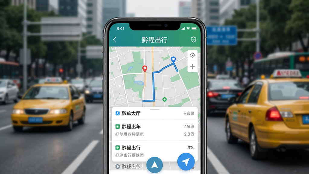 一张展示黔程出行司机手机应用主界面的详细图片,画面中央是一部智能手机,屏幕上显示黔程出行司机APP的接单大厅界面,包含地图、订单列表和导航按钮,背景为城市道路与出租车,布局采用居中构图,风格为写实科技风,细节包括手机边框、界面图标和地图路线,画质高清,干净,无多余元素