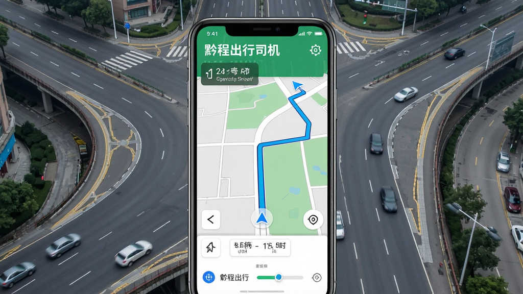 一幅展示黔程出行司机一键导航功能的AI生成图片,主体为手机屏幕上的地图导航界面,布局为手机居中,背景为城市道路俯视图,排版直观,风格为写实导航风,细节包括路线箭头、距离提示与到达时间,画质高清,干净,无多余元素