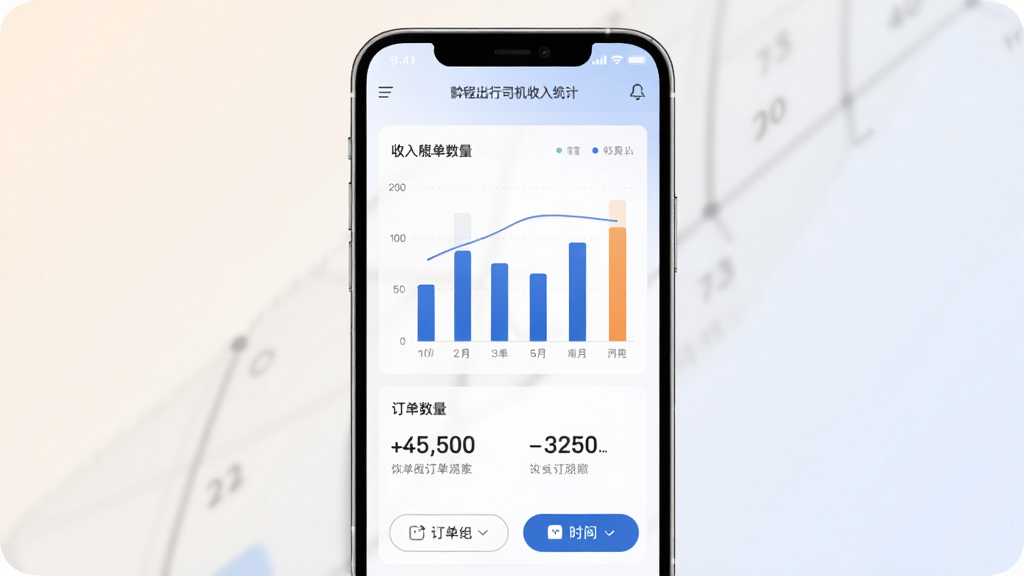 一张展示黔程出行司机收入统计页面的AI生成图片,主体为手机屏幕上的柱状图与数字面板,布局为手机居中,背景为浅色渐变,排版清晰,风格为商务简约风,细节包括收入数字、订单数量与时间筛选按钮,画质高清,干净,无多余元素