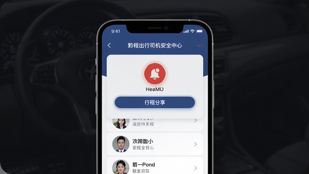 一张展示黔程出行司机安全中心功能的AI生成图片,主体为手机屏幕上的安全按钮与紧急联系人界面,布局为手机居中,背景为深色护眼色调,排版稳重,风格为安全防护风,细节包括报警图标、行程分享按钮与联系人列表,画质高清,干净,无多余元素