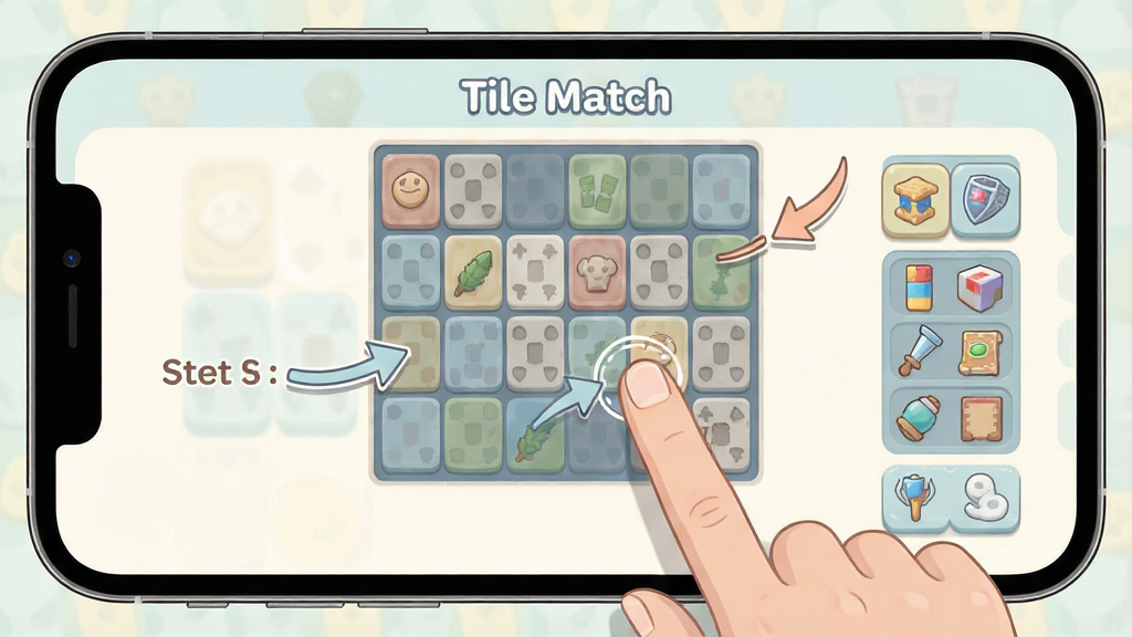 一张Tile Match游戏操作教程示意图的生图,画面展示手机屏幕上手指点击瓷砖进行匹配的操作演示,旁边有箭头标注操作步骤,界面清晰展示游戏棋盘和道具栏,风格简洁教学风,色彩柔和,细节明确,画质高清,干净整洁,画面中包含