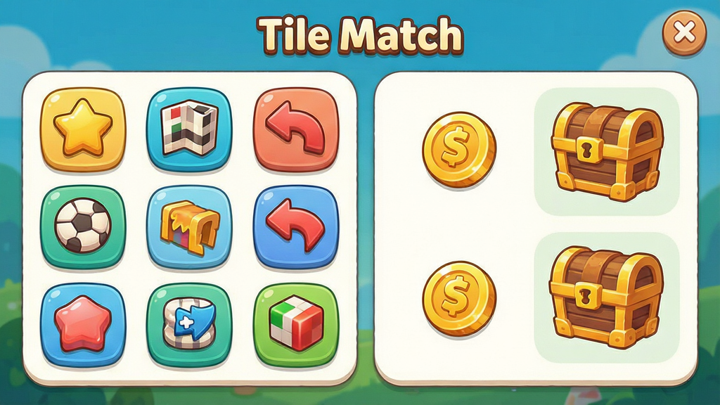 一张Tile Match游戏道具和奖励界面的生图,画面展示各种游戏道具图标如提示、洗牌、撤销等,旁边有金币和宝箱奖励展示,界面采用圆角卡片式设计,风格清新可爱,色彩明亮,细节丰富,画质高清,干净整洁,包含