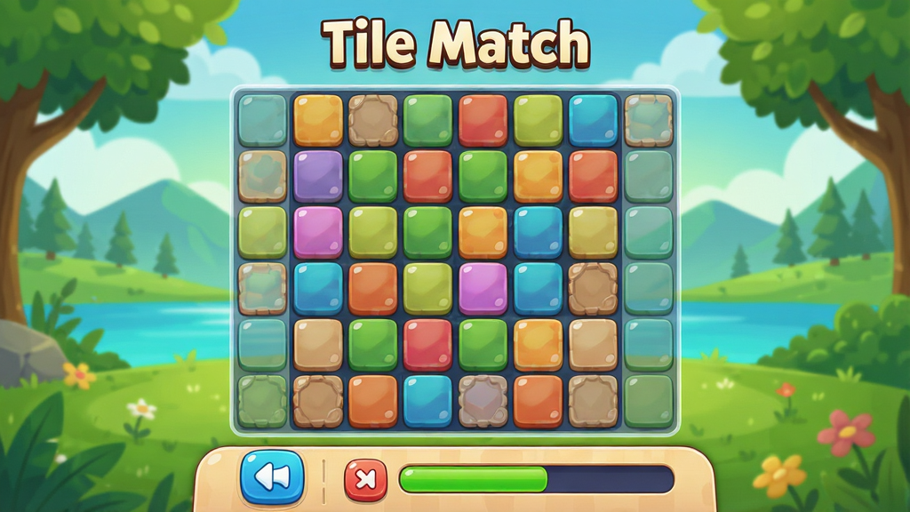 一张精美的手机游戏界面截图,画面中央是Tile Match游戏主界面,展示色彩鲜艳的瓷砖方块整齐排列在棋盘上,背景是清新的自然风景,顶部有游戏名称
