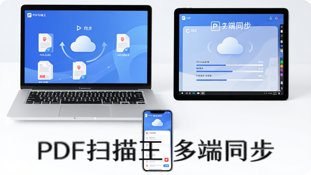 一张展示PDF扫描王批量处理与云端同步功能的图片,主体为手机与笔记本电脑、平板电脑多设备同屏,布局为三角构图,手机在下方,电脑和平板在上方,风格为现代商务科技风,细节包括文件缩略图、同步箭头、云朵图标、进度条,画质高清,干净,无多余元素,图片中文字为“PDF扫描王 多端同步”