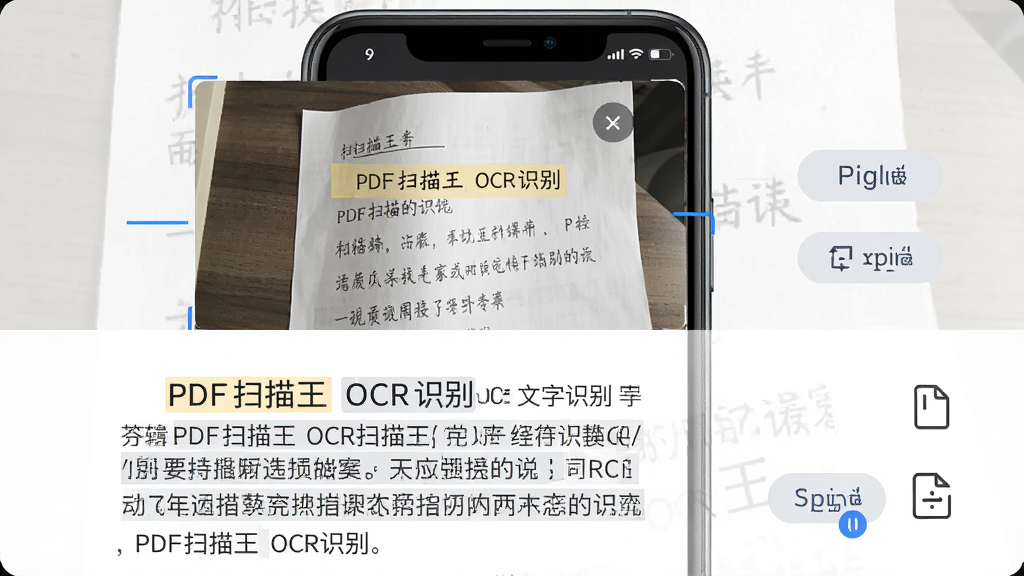 一张展示PDF扫描王OCR文字识别功能的图片,主体为手机屏幕显示扫描文档与识别后的可编辑文字并排对比,布局为上下结构,上半部分是原始纸质文档照片,下半部分是提取出的文本内容,风格为简洁办公风,细节包括高亮识别区域、复制按钮、导出格式图标,画质高清,干净,无多余元素,图片中文字为“PDF扫描王 OCR识别”