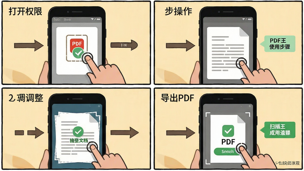 一张展示PDF扫描王使用教程的图片,主体为手机屏幕分步操作示意图,布局为四格漫画式排版,分别展示打开权限、拍摄文档、调整边缘、导出PDF四个步骤,风格为扁平化教学插画,细节包括手指点击图标、箭头指引、成功提示,画质高清,干净,无多余元素,图片中文字为“PDF扫描王 使用步骤”