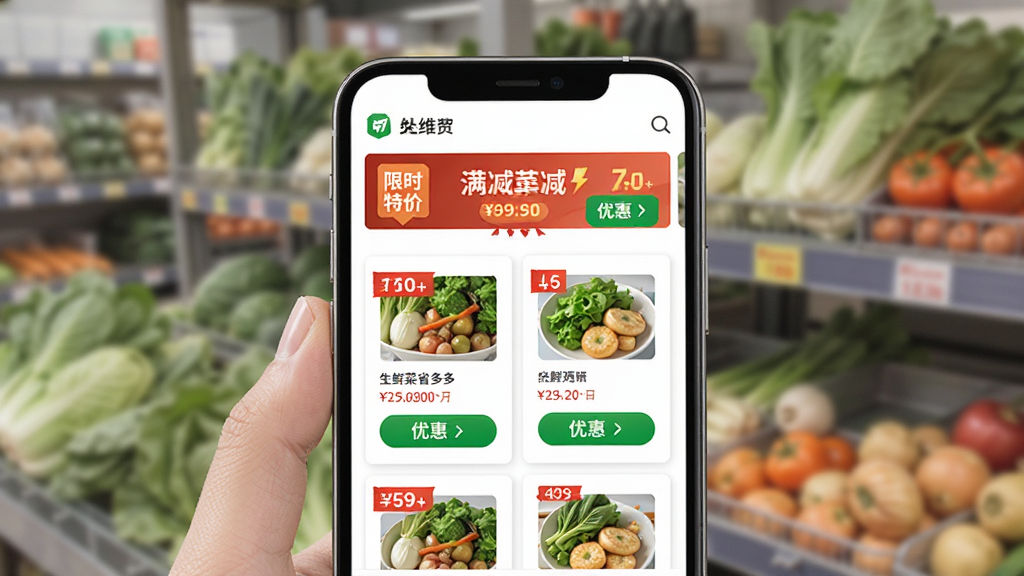 生鲜买菜省多多优惠活动页面,画面中央是手机屏幕,屏幕中显示限时特价标签与满减横幅,布局为卡片式列表,风格简洁明快,细节包括红色价格标签与绿色优惠按钮,画质清晰,干净,无多余元素