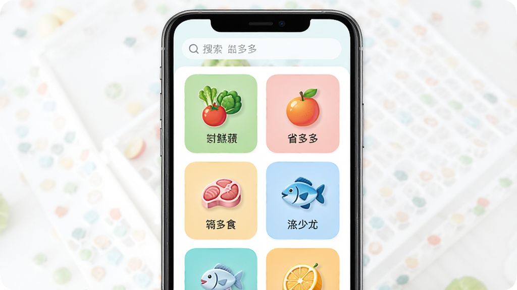 生鲜买菜省多多品类展示页面,画面中央是手机屏幕,屏幕内呈现整齐的蔬菜、水果、肉禽、水产等分类图标网格,布局为上下结构,顶部有搜索框,风格明亮清爽,细节包括彩色分类图标与文字标签,画质清晰,干净,无多余元素