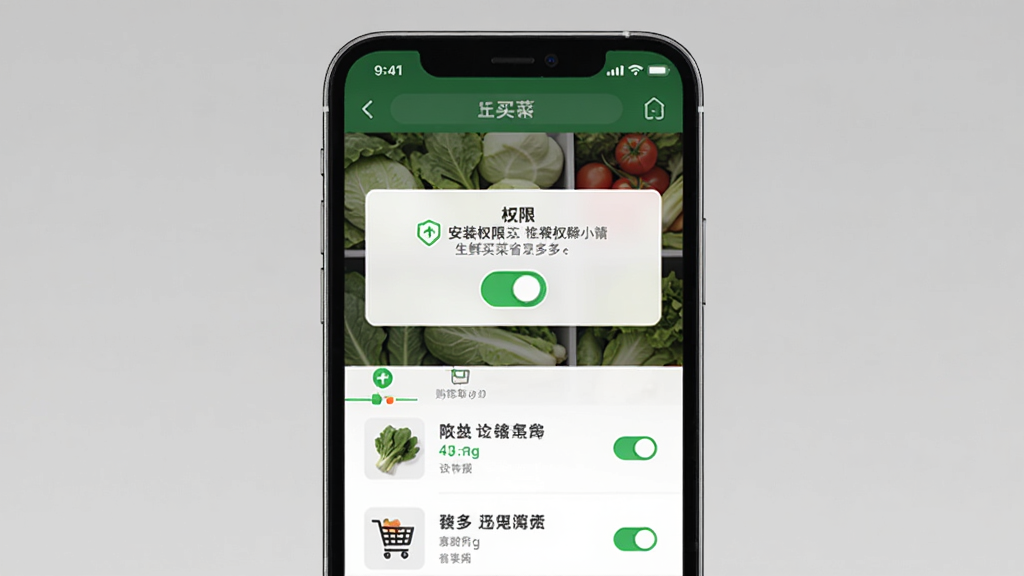生鲜买菜省多多移动端操作界面,画面中央是手机屏幕,屏幕中显示安装权限提示与购物车页面,布局为纵向排列,风格简洁实用,细节包括权限开关图标与购物车列表,画质清晰,干净,无多余元素