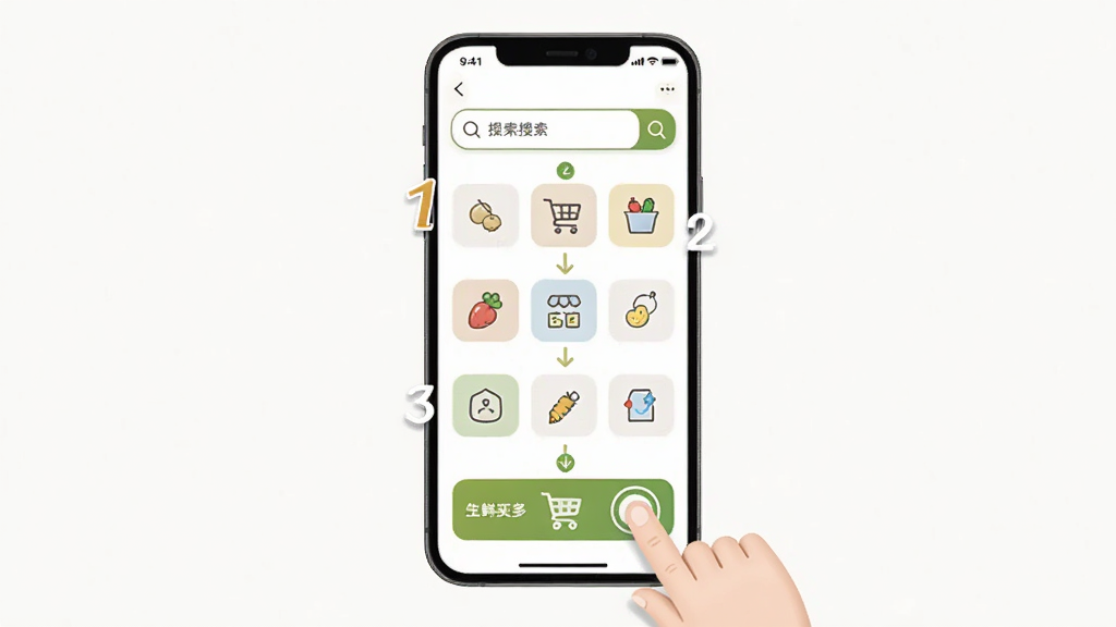 生鲜买菜省多多新手操作引导页面,画面中央是手机屏幕,屏幕中显示搜索框、分类按钮与购物车图标,布局为纵向流程,风格友好亲切,细节包括手指点击示意与步骤数字,画质清晰,干净,无多余元素