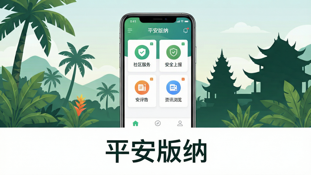画面中央展示一部智能手机,屏幕上打开着一款名为“平安版纳”的应用程序界面,界面中包含社区服务、安全上报、资讯浏览等功能模块图标,背景是云南西双版纳特色的热带植物与建筑剪影,整体布局采用上下结构,上方为软件界面展示,下方为简洁的文字标题“平安版纳”,风格清新现代,细节丰富,画质高清,干净整洁,无多余元素
