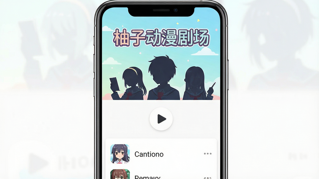 主体为一部智能手机竖屏展示动漫播放界面,布局居中,排版上方为软件名称“柚子动漫剧场”艺术字,风格为清新二次元扁平化设计,细节包含动漫人物剪影、播放按钮、剧集列表图标,画质高清干净,无多余元素