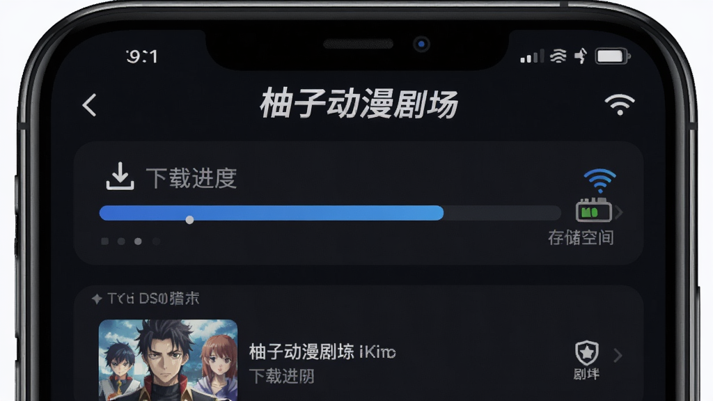 主体为手机屏幕显示下载进度条和已缓存剧集列表,布局上下结构,排版上方为“柚子动漫剧场”标题,风格为科技感深色界面,细节包含下载箭头、存储空间图标、WiFi信号标识,画质高清干净,无多余元素