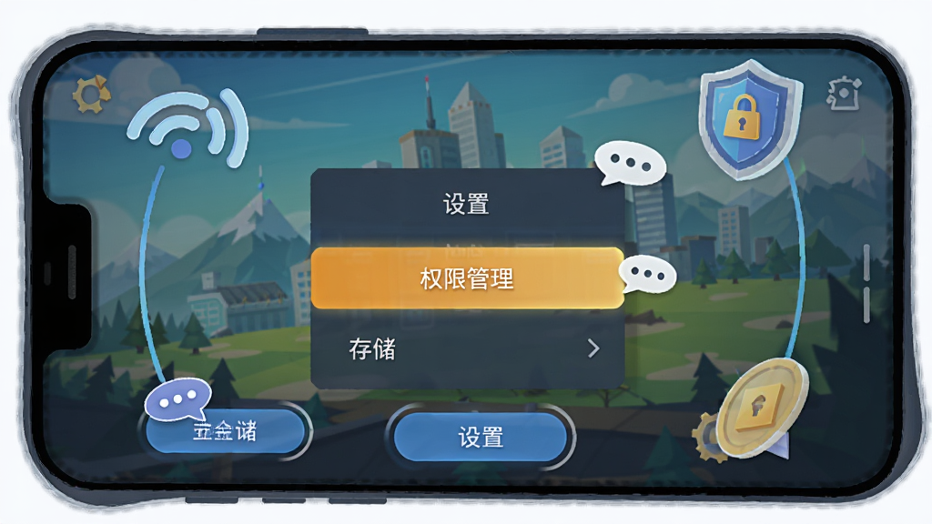 一部智能手机屏幕显示指间山海游戏主界面,画面上有“设置”菜单弹出,其中高亮显示“权限管理”与“存储”选项,周围环绕着代表网络信号与安全盾牌的图标,风格为扁平化科技插画,细节包括UI按钮的微动效与提示气泡,画质清晰,画面干净,无多余元素