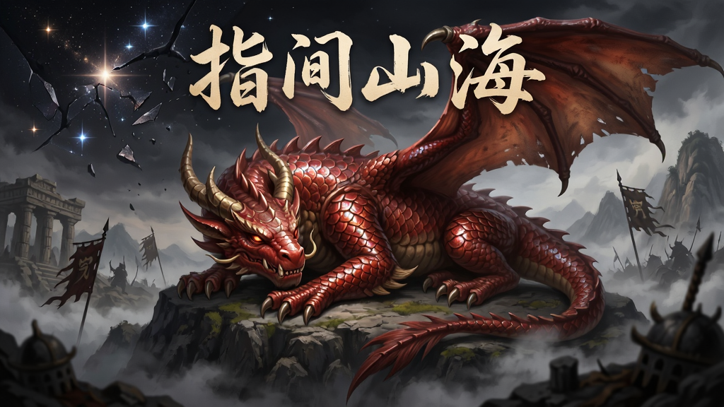 一只体型庞大、身披赤红鳞片、背生双翼的上古神兽穷奇,卧于云雾缭绕的山巅,背景是破碎的星辰与古战场遗迹,画面中融入“指间山海”书法字体,风格为暗黑国风CG插画,细节展现鳞片光泽与云气流动,画质超清,画面干净,无多余元素