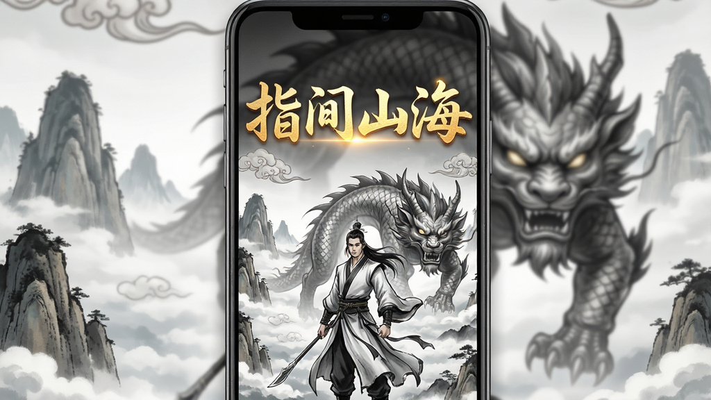 一幅竖版手机游戏宣传图,画面主体为一位身着水墨风格长袍的古代修行者,背景是漂浮在云海中的群山与巨大的异兽虚影,画面中央用金色发光字体写着“指间山海”,布局采用上下分层构图,上方是标题文字,下方是角色与异兽,整体风格为东方玄幻水墨风,细节包括云纹、山石肌理与异兽鳞片,画质高清,画面干净,无多余元素