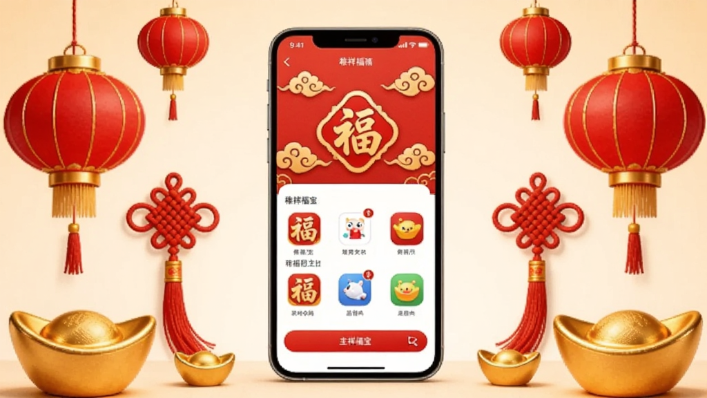 画面中央放置一部智能手机,屏幕显示稚祥福宝应用主界面,界面以红色和金色为主色调,上方有福字图标和祥云纹样装饰,手机周围环绕红色灯笼、中国结和金色元宝等吉祥元素,背景为浅米色渐变,整体布局居中对称,风格喜庆温馨,细节精致,画质清晰,干净,无多余元素