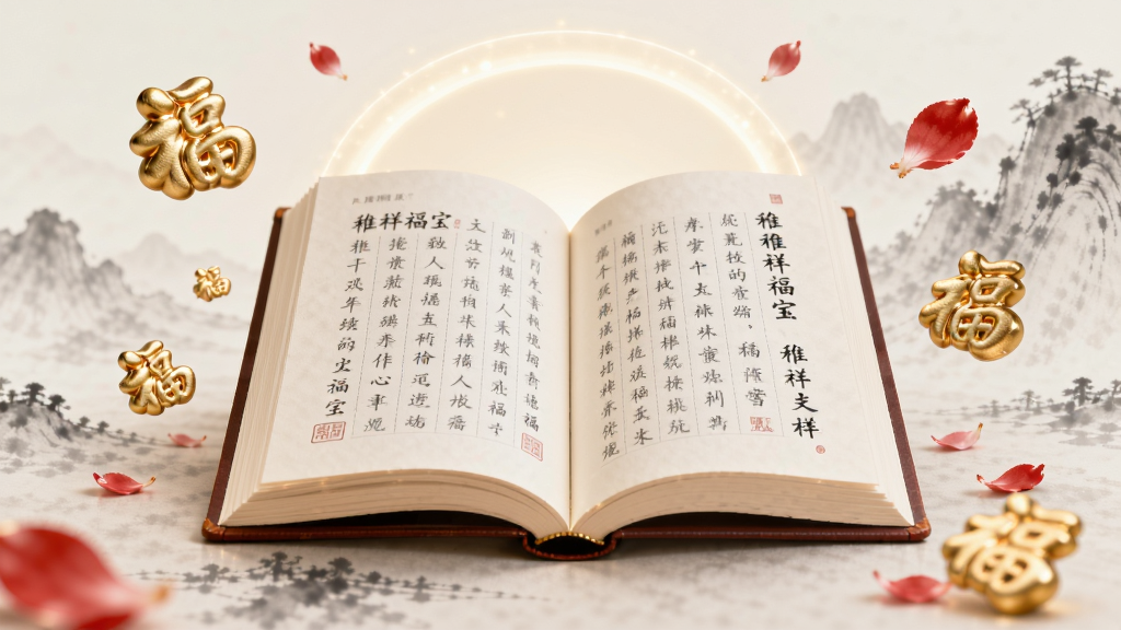 画面中央一本展开的电子书,书页上显示稚祥福宝的文字内容,周围飘浮金色福字和红色花瓣,书页上方有柔和光晕,背景为淡雅水墨风格,整体布局居中,风格文艺清新,细节丰富,画质清晰,干净,无多余元素