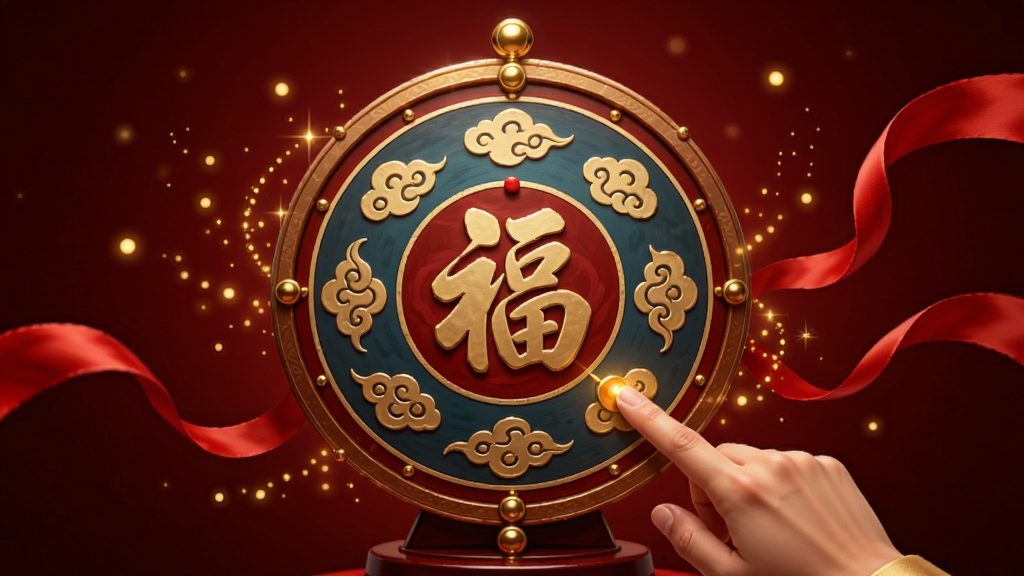 画面中央一个圆形祈福转盘,转盘上有福字和祥云图案,手指轻触转盘边缘,周围有金色光点和红色丝带飘动,背景为深红色渐变,整体布局居中,风格庄重神秘,细节精致,画质清晰,干净,无多余元素