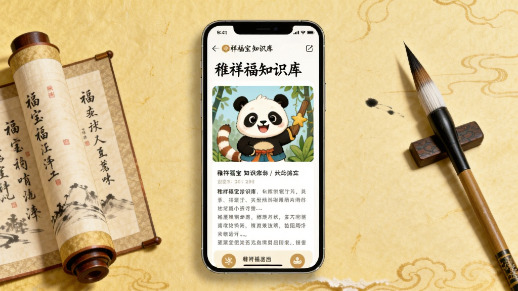 画面中央一部手机竖屏显示稚祥福宝知识库页面,页面中有福宝插图和文字介绍,手机两侧有展开的卷轴和毛笔,背景为浅黄色宣纸纹理,整体布局居中,风格古典雅致,细节丰富,画质清晰,干净,无多余元素