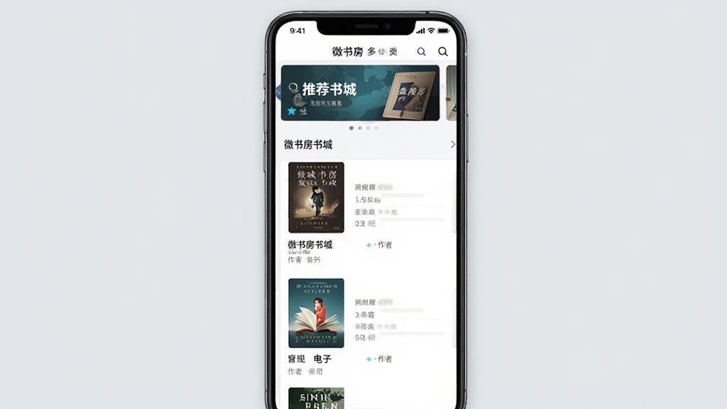 微书房书城页面展示,手机屏幕内呈现分类清晰的电子书列表,包含封面、书名与作者信息,顶部有轮播推荐位,背景为浅灰色,界面排版整齐,风格现代简洁,画质清晰,无多余元素