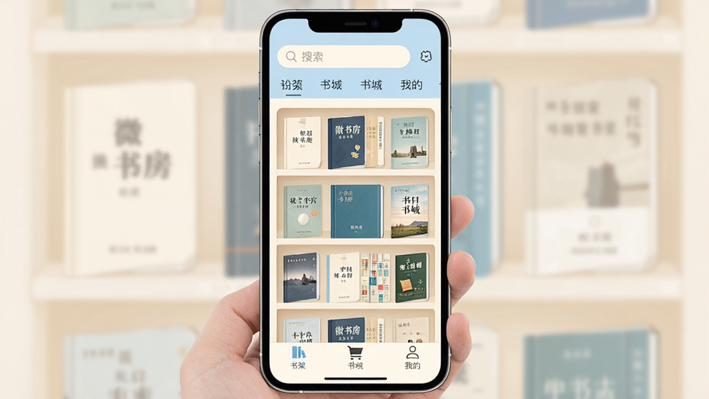 微书房应用主界面展示,手机屏幕竖版构图,画面中央是整齐排列的电子书封面书架,顶部有搜索栏和分类标签,底部导航栏包含书架、书城、我的等图标,整体采用暖白色与淡蓝色搭配,风格清新简约,细节清晰,画质干净,无多余元素