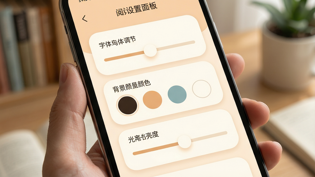 微书房阅读设置面板展示,手机屏幕内呈现字体调节滑块、背景颜色选项与亮度调节条,界面采用圆角卡片设计,配色柔和,风格温馨,细节丰富,画质干净,无多余元素