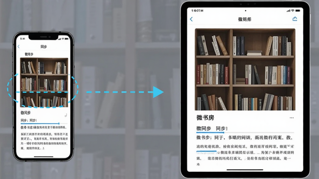微书房多端同步示意图,画面左侧是手机,右侧是平板,两者屏幕均显示相同的书架与阅读进度,中间用虚线箭头连接表示同步,背景简洁,风格科技感,画质清晰,无多余元素