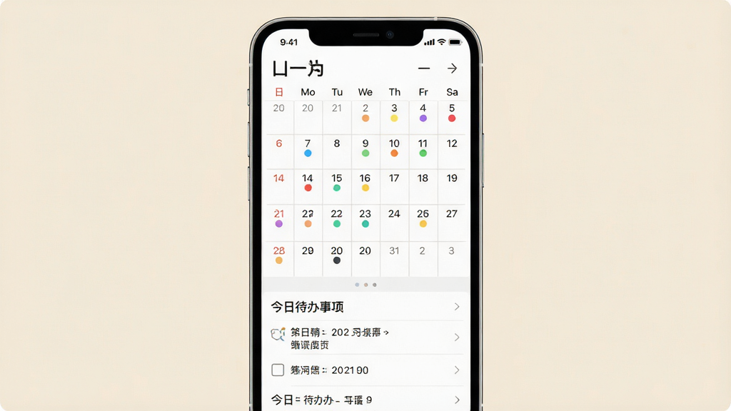一张展示一叶日历手机应用主界面的图片,画面中央是简洁的月历视图,日期格子内标注着彩色圆点代表不同日程,下方显示今日待办事项列表,背景为浅米色,整体风格清新简约,排版干净有序,画质清晰明亮,无多余元素