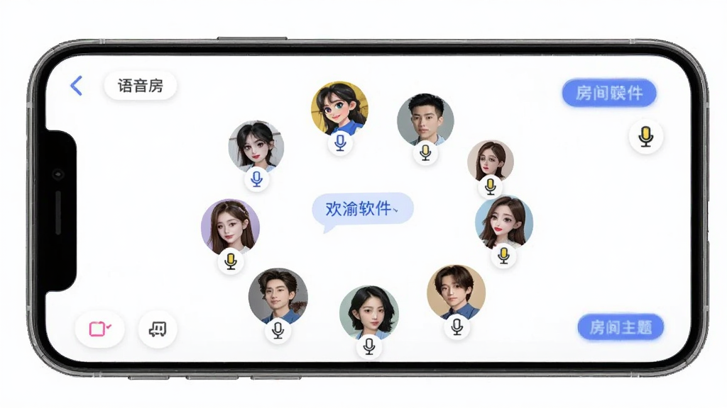 主体是欢渝软件内的多人语音房界面,布局为手机屏幕内显示多个用户头像麦位,排版采用圆形头像环绕式排列,风格为年轻化社交应用界面,细节包含麦克风图标、聊天气泡、房间主题标签,画质高清,干净,无多余元素