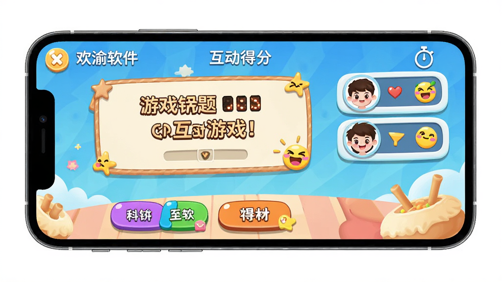 主体是欢渝软件内的互动游戏界面,布局为手机屏幕展示游戏进行中的画面,排版包含游戏题目、玩家头像与得分面板,风格为卡通趣味风,细节包含彩色按钮、倒计时图标、欢乐表情,画质高清,干净,无多余元素