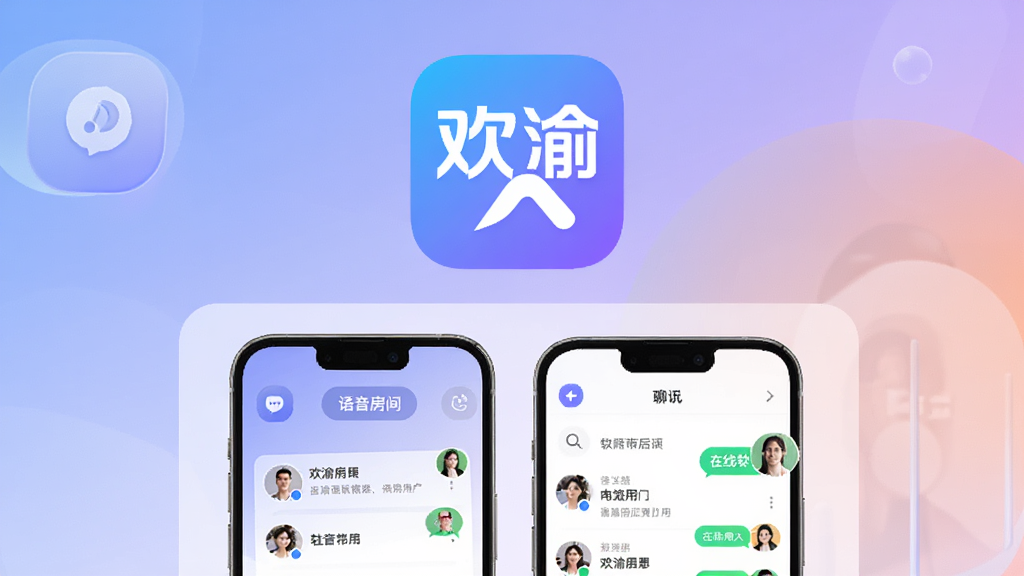 主体是欢渝软件的品牌标志与手机界面展示,布局采用居中构图,上方放置软件Logo,下方展示语音房间与聊天列表界面,排版简洁清晰,风格为现代科技感与温暖社交风结合,细节包含柔和的蓝紫色渐变背景、圆角图标、在线用户头像气泡,画质高清,干净,无多余元素