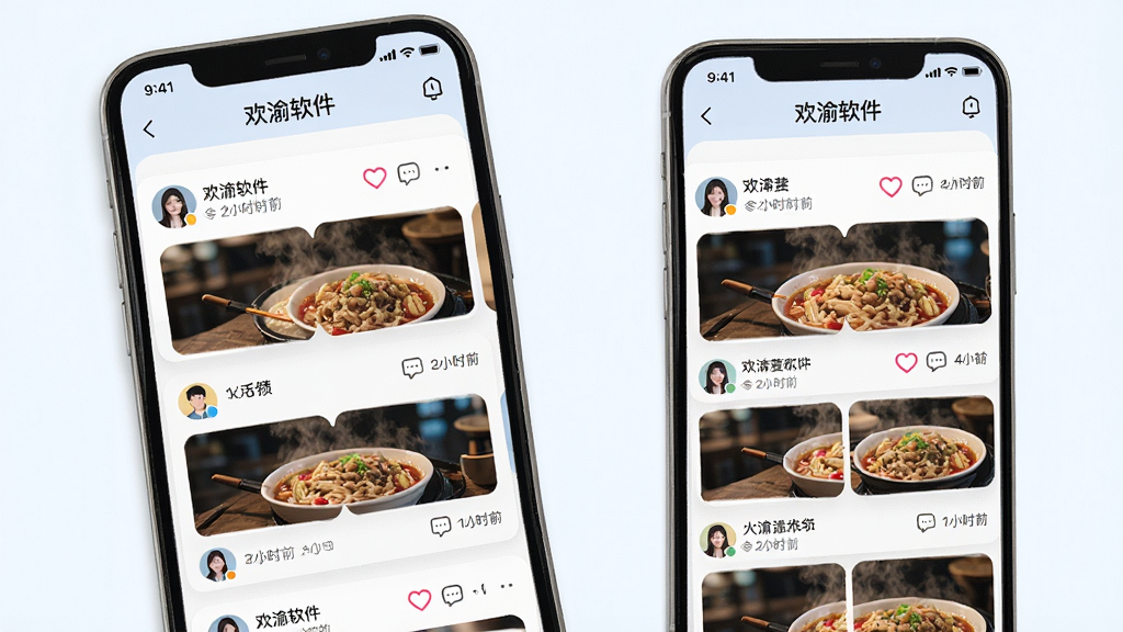 主体是欢渝软件内的动态广场页面,布局为手机屏幕显示图文动态列表,排版采用卡片式信息流,风格为清新社交风,细节包含用户头像、点赞爱心、评论气泡、发布时间标签,画质高清,干净,无多余元素