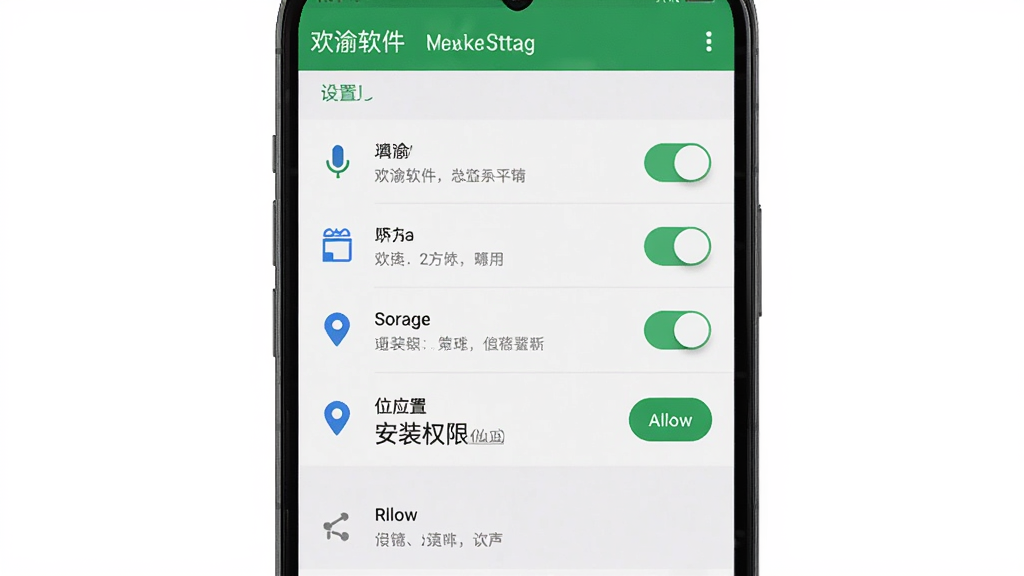主体是手机屏幕展示欢渝软件安装权限设置界面,布局为手机设置页面的截图风格,排版包含权限开关列表与提示文字,风格为简洁系统界面,细节包含麦克风、存储、位置权限图标与允许按钮,画质高清,干净,无多余元素