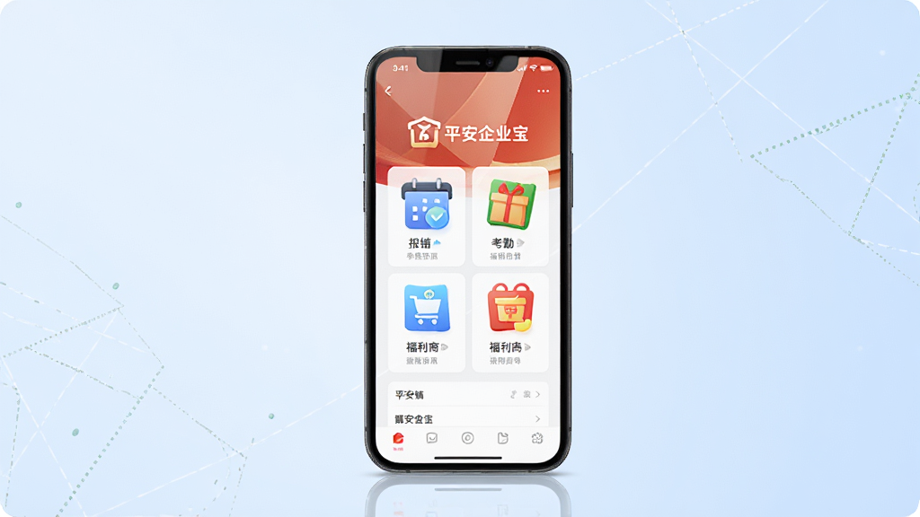 主体为一部智能手机,屏幕中显示平安企业宝的首页界面,界面中包含报销、考勤、福利商城等图标,布局为手机居中放置于浅蓝色渐变背景上,排版简洁大方,风格为现代商务科技风,细节上手机屏幕有轻微反光,背景有淡雅的几何线条装饰,画质高清,干净,无多余元素