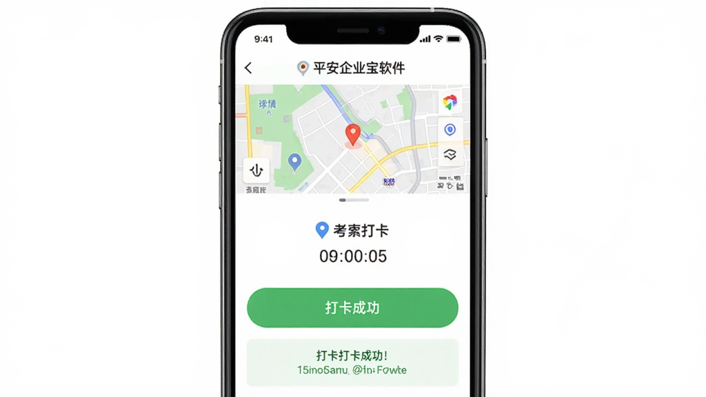 主体为平安企业宝软件在手机上的考勤打卡界面,布局为手机屏幕居中展示,排版为上方地图定位下方打卡按钮,风格为简洁工具风,细节包含定位图标、时间显示、打卡成功提示,画质高清,干净,无多余元素