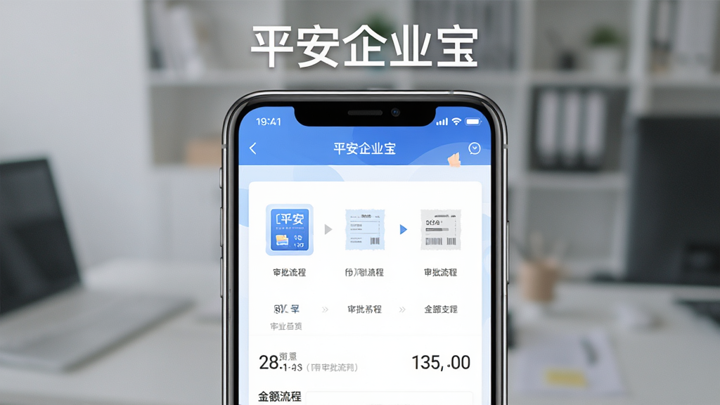 主体为平安企业宝软件的报销功能界面截图,布局为居中展示手机屏幕内容,排版为上方标题“平安企业宝”下方展示报销单填写页面,风格为清新商务风,细节包含发票图标、审批流程箭头、金额数字,画质高清,干净,无多余元素