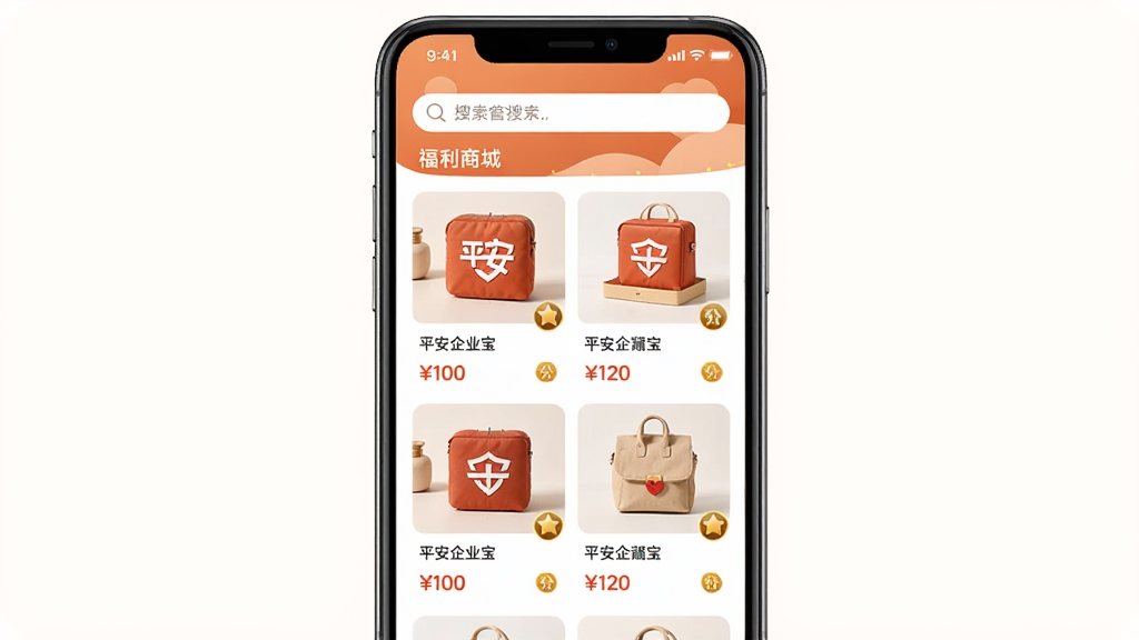 主体为平安企业宝软件的福利商城界面,布局为手机屏幕居中展示,排版为顶部搜索栏下方商品网格排列,风格为温馨生活风,细节包含商品缩略图、价格标签、积分图标,画质高清,干净,无多余元素