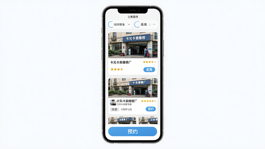 卡兄卡弟维修厂预约功能展示图,主体为手机屏幕中的维修厂列表页面,布局为顶部筛选栏、中部商家卡片、底部预约按钮,排版为纵向滚动列表,风格为清新浅色商务风,细节包括维修厂门头照片、星级评分、距离标签、预约按钮,画质高清,干净,无多余元素