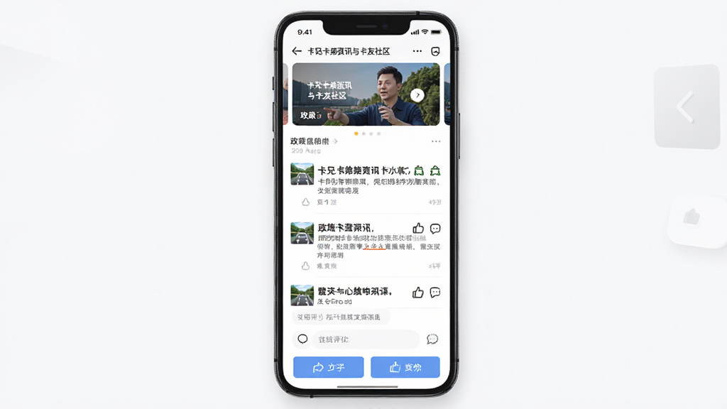 卡兄卡弟资讯与卡友社区页面,主体为手机屏幕中的资讯信息流与评论区,布局为顶部轮播图、中部文章列表、底部互动按钮,排版为纵向信息流,风格为清爽阅读风,细节包括政策标题、路况图标、点赞评论图标,画质高清,干净,无多余元素